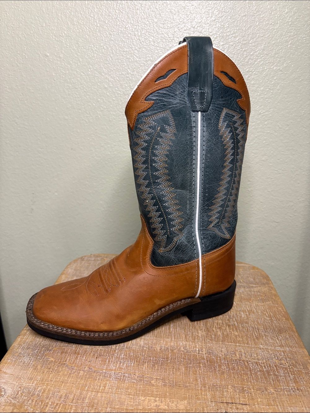 Old West Boys Two-Tone Leather Western Cowboy Boots - Brown & Green - Size 3.5 - Picture 11 of 14